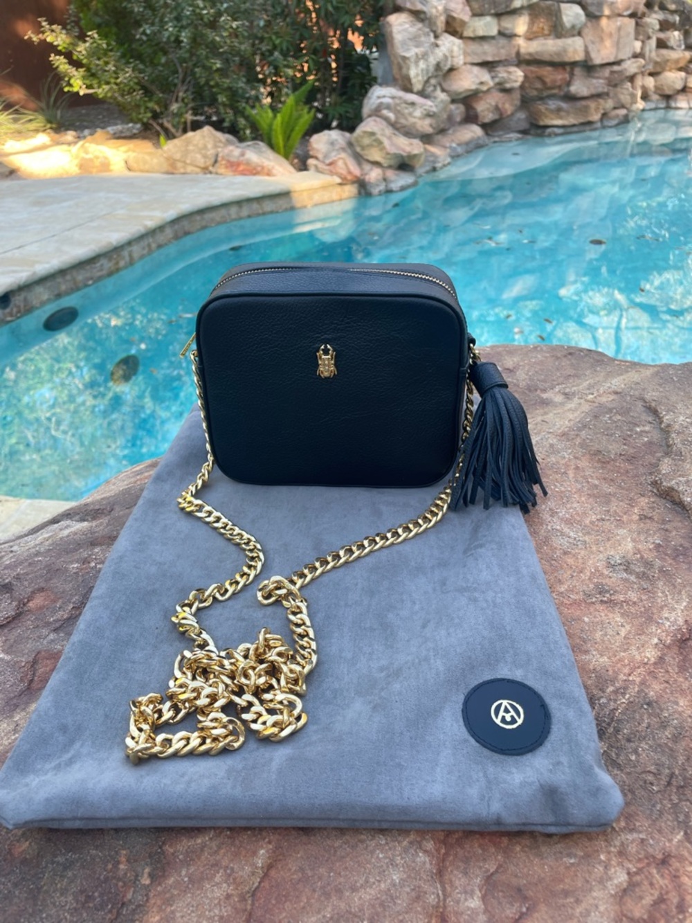 Black Leather Crossbody with Gold Chain and Tassel Accent by Avorigen (CdlG)